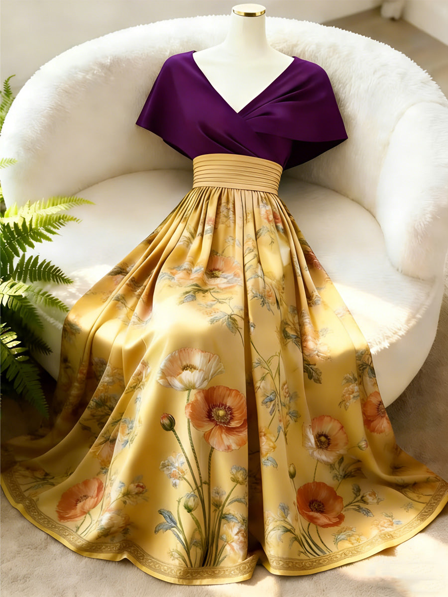 Retro Floral Art Printed Elegant V-Neck Vintage Batwing Short Sleeve Maxi Dress